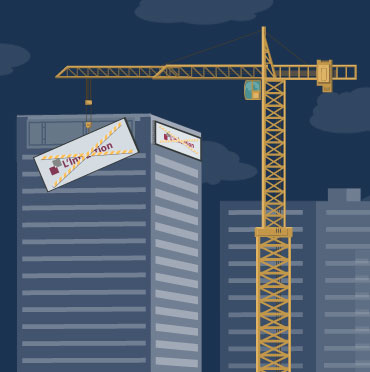 Graphic of a crane removing company name from building